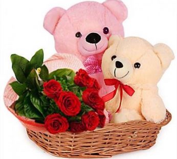 RED ROSES WITH TEDDY BASKET