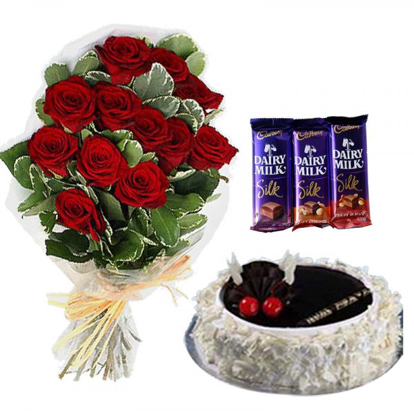Midnight chocolate basket and flowers ,cake and silk