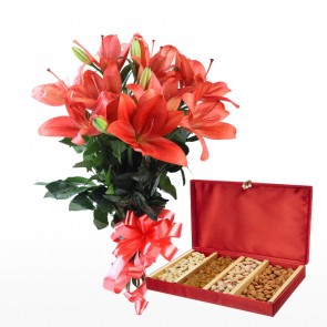 Bunch of 6 Red Lilies With Mix Dryfruits