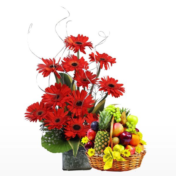 12 Red Gerberas With Mix Fresh Fruits