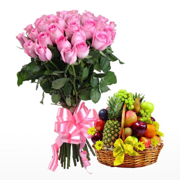 Bunch of 30 Pink Roses With Mix Fresh Fruits