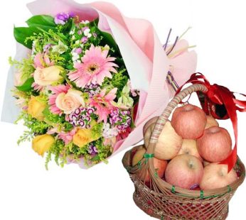 BIRTHDAY APPLES BASKET WITH FLOWERS