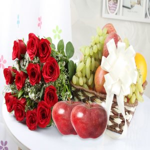 FRUIT BASKET WITH RED ROSES BOUQUET